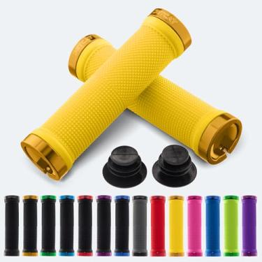 Imagem de JETCAT Pegas de bicicleta, punhos de guidão de bicicleta, guidão de mountain bike, manoplas MTB, punhos de bicicleta BMX, alças de guidão de bicicleta para adultos. Ebike, MTB, scooter, trava, amarelo