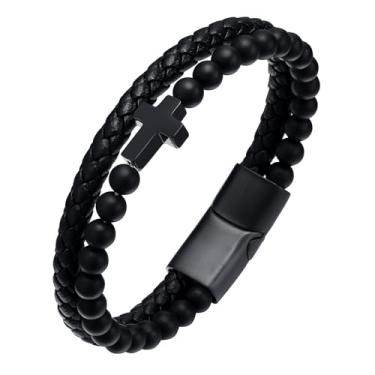 Imagem de Udolfly Pulseiras masculinas de couro trançado, pulseira cruzada multicamadas com fecho e pulseira, joia masculina, 9.0 Inches, Sem Pedra Preciosa