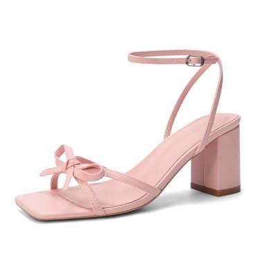 Imagem de Goderci Sandálias femininas de salto alto grosso com bico aberto quadrado com tiras de laço, rosa, 40