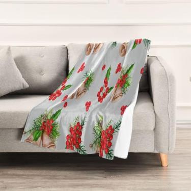 Imagem de Wassud Cobertores e mantas de Natal 152 x 228 cm cobertor de sinos de Natal para sofá, cobertores quentes aconchegantes de lã de pelúcia para cama, sofá, cadeira, decoração de casa