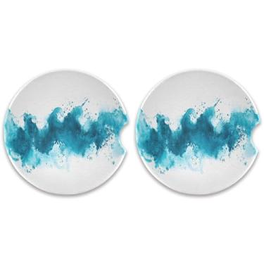 Imagem de CEBUGI 2 peças de porta-copos de carro para porta-copos de cerâmica de 6,3 cm com entalhe de dedo absorvente porta-copos de copo de carro turquesa mármore textura acessórios de carro para mulheres e