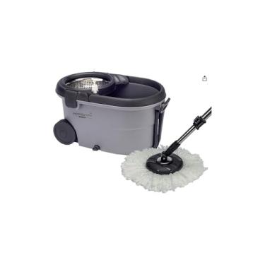 Imagem de Mop Esfregão Giratório Pró com Balde 13 Litros, Rodas, Alça Flexível, Cabo 125cm, Refil Microfibra, Cinza e Vermelho