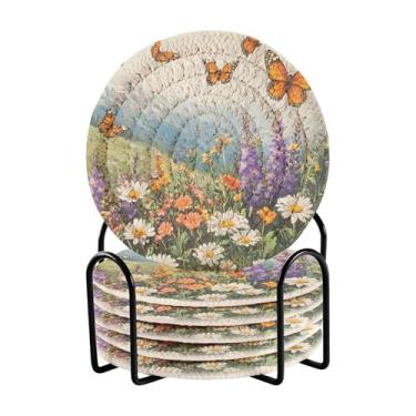 Imagem de SEHANY Elegante conjunto de 6 porta-copos de flores de borboleta com suporte, porta-copos redondos absorventes de algodão resistente ao calor para mesa de jantar, canecas de café, 10 cm