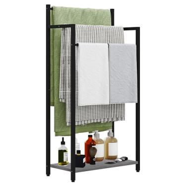 Imagem de yeavs Toalheiro autônomo, suporte de escada de 3 camadas com prateleira de madeira cinza carvalho para banheiro, sala de estar (70 cm A x 42 cm (L) x 19 cm)