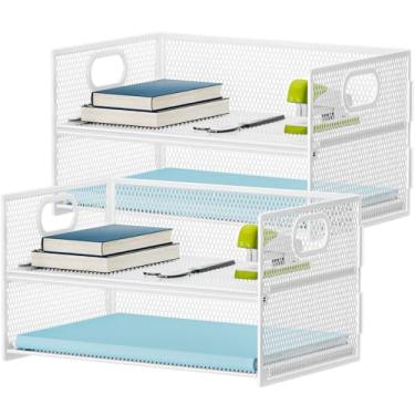 Imagem de Marbrasse Bandeja organizadora de papel de 2 camadas, organizador de arquivos de malha com alça, organizador de mesa para material de escritório doméstico - 2P branco