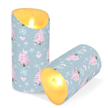 Imagem de ATTX Pacote com 2 velas de árvore de Natal rosa sem chamas – 7,6 cm x 9,9 cm de LED com controle remoto e temporizador para casa, casamento, decoração de acampamento #410