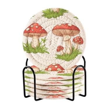 Imagem de SEHANY Conjunto de 6 porta-copos de cogumelos florestais com suporte, porta-copos redondos absorventes de algodão resistente ao calor para mesa de jantar, canecas de café, 10 cm
