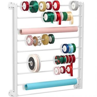 Imagem de Menkxi Organizador de fita de parede de 9 camadas, organizador de fita de metal de Natal, armazenamento de papel de embrulho para costura, artesanato, malha, fita, guirlanda, crochê, artesanato, salão