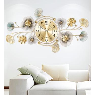 Imagem de JXQXYN Relógio de parede, relógios para sala de estar, relógio de parede silencioso decorativo, design de folha de ginkgo de metal retrô 3D, para escritório, quarto, relógio de cozinha (83 x 45 cm)