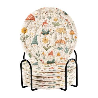 Imagem de SEHANY Conjunto de 6 porta-copos de cogumelos florestais com suporte, porta-copos redondos absorventes de algodão resistente ao calor para mesa de jantar, canecas de café, 10 cm