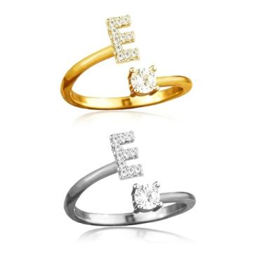 Imagem de ABJFJE Anéis femininos ajustáveis com letras prateadas douradas delicadas zircão cristal inicial empilhável anel moderno joia exclusiva presente 2 peças, Latão, Cristal