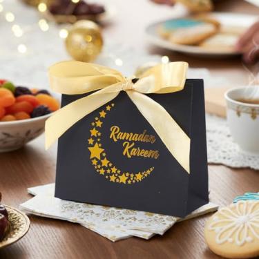 Imagem de 10 caixas de presente Eid Bow, sacos de papel para cupcake de doces do Ramadã com fita amarela estampada a quente e letras douradas, decoração de estrelas e luas, caixa de presente preta para