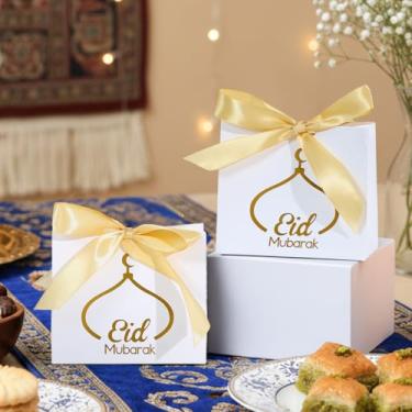 Imagem de 10 caixas de presente Eid Bow, sacos de papel para cupcake de doces do Ramadã com fita amarela estampada a quente e letras douradas, decoração de castelo e lua, caixa de presente branca para