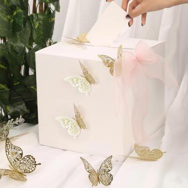 Imagem de suvast Caixa de presente para cartão, chá de bebê, festa de aniversário e formatura – porta-cartão de presente de 22 x 22 x 22 cm com 10 cartões comemorativos, 12 borboletas e 1 decoração de laço rosa