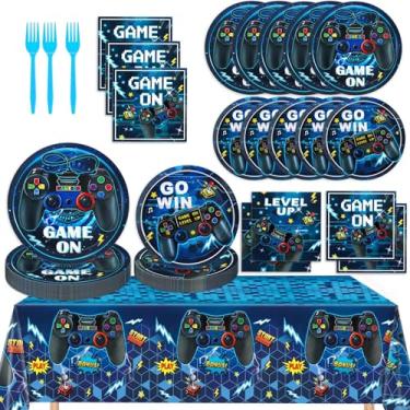 Imagem de Decorações de aniversário de videogame, suprimentos de festa para subir de nível, inclui pratos, guardanapos, garfos, banner, toalha de mesa para meninos, decoração de festa de aniversário, serve 24