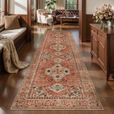 Imagem de Tangsoo Boho Tapete de corredor 7,5 x 25,4 cm para corredores, tapetes de corredor laváveis, antiderrapante, vintage, macio, para corredor, tapete de terracota oriental de 3 m para sala de estar