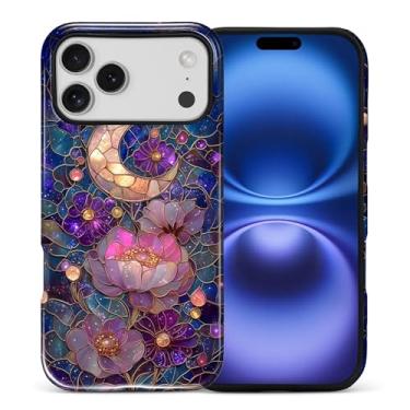 Imagem de ANLUN STORE Capa para iPhone 17 Pro Max, proteção dupla híbrida TPU macio + PC rígido à prova de choque, capa protetora antiarranhões e fina para homens e mulheres - design floral sol estrelas vitrais
