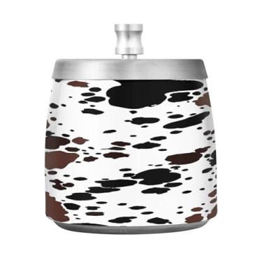 Imagem de JUZIHAI Cinzeiro com padrão de manchas marrons de vaca com tampa, bandeja de cinzeiro de aço inoxidável inodoro à prova de vento cinzeiro sem fumaça para escritório em casa, pátio, varanda, cigarro