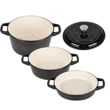 Imagem de Panelas de Ferro Fundido com Tampa – Conjunto 3 Peças para Cozinha Profissional e Doméstica (Preto)