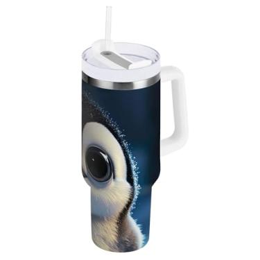 Imagem de Copo isolado de aço inoxidável grande com tampa e canudo, lindos copos isolados de viagem azul pinguim