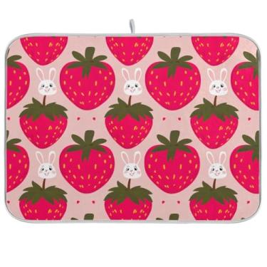 Imagem de Tapetes de secagem de pratos de coelho de morango vermelho para balcão de cozinha, tapete de café de secagem rápida, tapete de secagem de cozinha reversível para decoração de bancada de cozinha 45,7 x