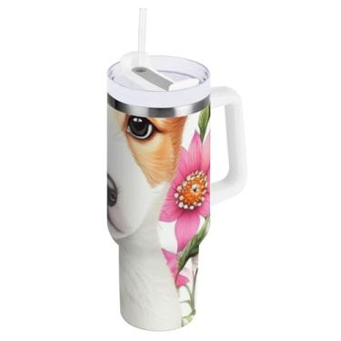 Imagem de ODAWA Copo de aço inoxidável grande com tampa e canudo, copo de café de viagem com flores para filhotes