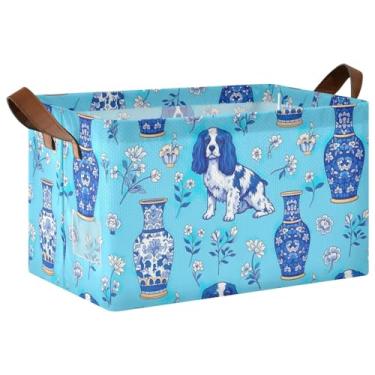 Imagem de Organizador de cesta para cães de porcelana azul branca para organização e armazenamento de sala de jogos, dobrável, 40 x 29 x 25 cm, cestas decorativas para armazenamento de suéteres, pacote com 2