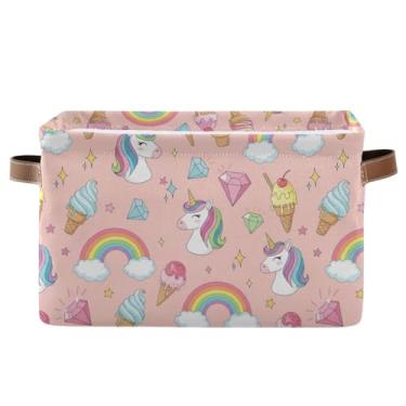 Imagem de Caixa de armazenamento grande para prateleiras – Recipientes de armazenamento dobráveis dobráveis com alças de couro PU para armário, unicórnios fofos para berçário, arco-íris, rosa, 1 pacote