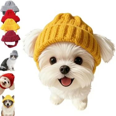 Imagem de Gorro de malha vermelha para cães com abas de orelha – Chapéu quente de inverno para animais de estimação com orifícios para orelhas, elástico macio para cães e gatos pequenos (amarelo, tamanho único)