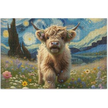 Imagem de Cute Highland Cow Gado Noite Estrelada Quebra-cabeça 500 Peças Adultos Elefante Branco Prime Puzzles Arte Animal, 20,5 x 14,9 polegadas