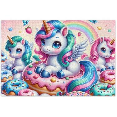 Imagem de Quebra-cabeças adultos com unicórnios fofos, donuts, 500 peças, presentes de quebra-cabeça colorido, cenário floral, 51 x 35 cm