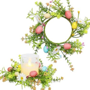 Imagem de Anel de vela de Páscoa, guirlanda, ovos, coloridos, artificiais, flores, folhas, primavera, festa de aniversário, mesa, centros de mesa, acessórios de decoração