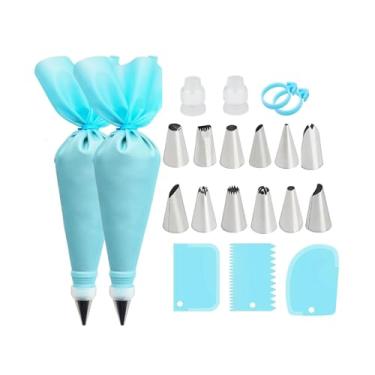Imagem de Conjunto de sacos de confeitar e pontas, suprimentos reutilizáveis para decoração de bolos com 2 sacos reutilizáveis, 12 pontas de gelo, 2 anéis de silicone, 2 acopladores e 3 raspadores, suprimentos
