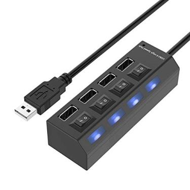 Imagem de 4 portas USB Hub 2.0 divisor USB de alta velocidade 480Mbps com interruptor liga/desliga, 4 LEDs (preto)