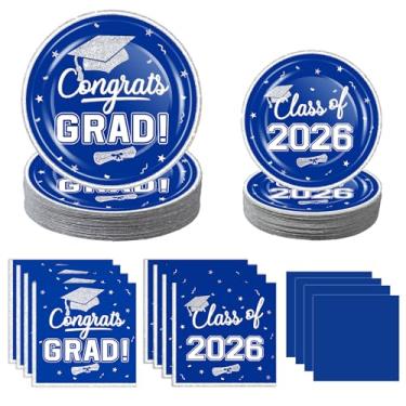 Imagem de OuMuaMua Artigos de jantar para festa de formatura 2025 - 200 peças de pratos e guardanapos descartáveis de formatura azul e branco para decorações de festa de formatura de 2025, serve 50