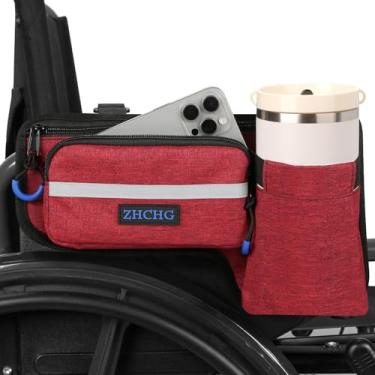 Imagem de Bolsa lateral para cadeira de rodas atualizada com suporte de copo, bolsa de apoio de braço para cadeira de rodas para andador, bolsa de armazenamento de acessórios para cadeira de rodas - vermelha