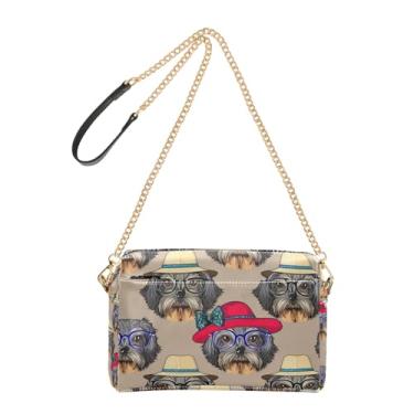 Imagem de Joitme Bolsa feminina tiracolo adoráveis cães fofos bolsa de celular marrom bolsa de couro PU bolsa de ombro com alça de corrente