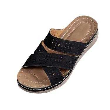 Imagem de Sandálias femininas modernas, casuais, versáteis, boca de peixe, bico aberto, uso ao ar livre, primavera e verão, fundo grosso, estilo étnico, Preto, 34