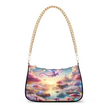 Imagem de Bolsa de ombro fantasia roxa com corrente de dragão, bolsa Hobo com estampa artística para mulheres, bolsa de mão versátil e bolsa de transporte de braço