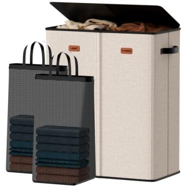 Imagem de Vexalora Cesto duplo de 150 l com tampa, cestos de roupas grandes com bolsa removível, cesto de roupa suja com 2 seções para banheiro, quarto, lavanderia, dormitório, bege