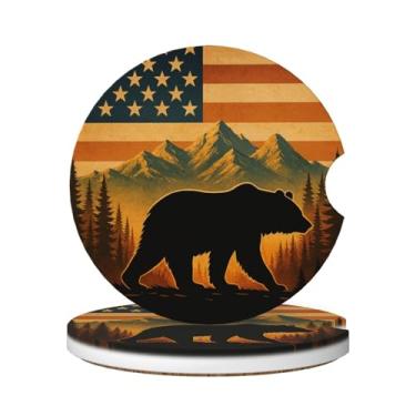 Imagem de FeHuew 2 peças de porta-copos de cerâmica com bandeira americana, montanhas de urso preto, universal, antiderrapante, absorvente, para bebidas, decoração de automóveis
