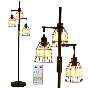 Imagem de Luminária de chão estilo fazenda Eattan com 3 lâmpadas, dimerizável, 3 cores de luz, controle remoto, luminária de chão industrial com cúpula de metal para salas de estar, escritórios e quar