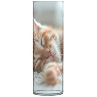Imagem de Vaso cilíndrico fofo gatinho dormindo buquê de flores vaso de plástico grande personalizado mesa com estampa floral fofa centros de mesa, 30 cm x 9,9 cm