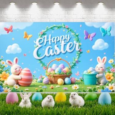 Imagem de Pano de fundo para fotos de primavera feliz Páscoa, 2,8 x 1,8 m, cesta de ovos de coelhinho de flor, faixa de grama verde com corda, decoração de coelho, ovos de coelho, decoração de festa, decoração