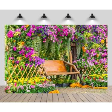 Imagem de chnywork 2,1 x 1,5 m, cenário de jardim de primavera, flores desabrochando, cadeira de madeira, fundo de jardim de verão, cenário natural, aniversário, casamento, chá de bebê, decoração de festa