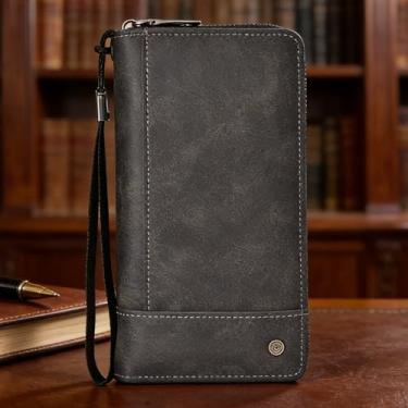 Imagem de Carteira masculina executiva preta compacta de couro legítimo com sensação de lichia, design compacto preto comercial com fivela, grão de lichia, sensação de couro, vários cartões