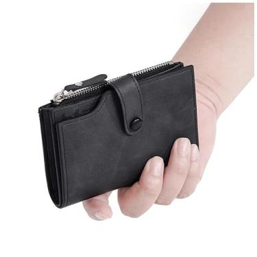 Imagem de Carteira masculina de negócios RFID com zíper triplo simples, porta-moedas, carteira masculina com porta-cartões com janela para identidade, Preto, Simples