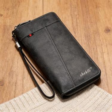 Imagem de Carteira universal simples preta horizontal de couro liso brilhante fácil de carregar, design horizontal preto simples com fivela, couro liso brilhante e tamanho fácil de carregar