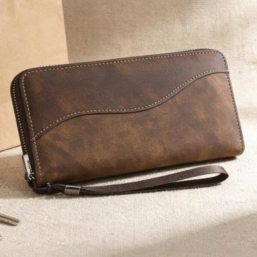 Imagem de Carteira ultrafina universal casual marrom claro compacta de grão de lichia genuíno com sensação de couro legítimo, design compacto marrom claro casual com fecho magnético, grão de lichia