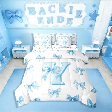Imagem de Erosebridal Conjunto de cama de casal com letra Y personalizada com letra Y para crianças, adolescentes e mulheres, lindo conjunto de cama com laço azul, 7 peças, exclusivo chique, laço alfabético